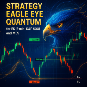 A product banner for StrategyEagleEyeQuantum, a trading system for E-mini S&P 500 and Micro E-mini S&P 500.