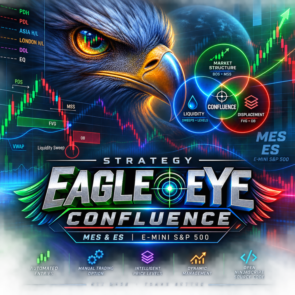 Eagle Eye Confluence trading strategy graphic featuring an eagle eye, MES and ES candlestick charts, liquidity levels, BOS, MSS, FVG, Order Blocks and overlapping circles representing trading confluence. The image highlights automated entries, manual trading, intelligent price levels, dynamic trade management and open NinjaScript source code.
